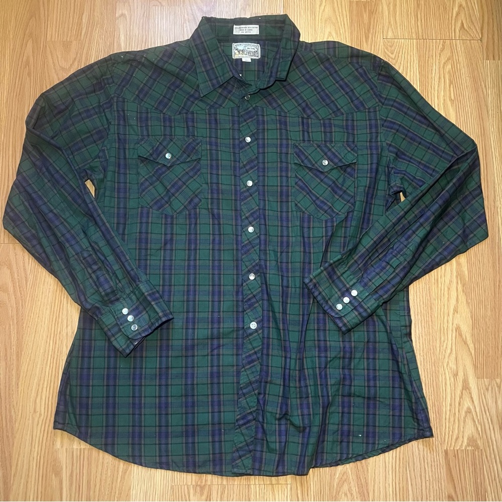 Vintage‎ 90s New Frontiers Big Yank Plaid Pearl Snap Western Button Up Shirt XL